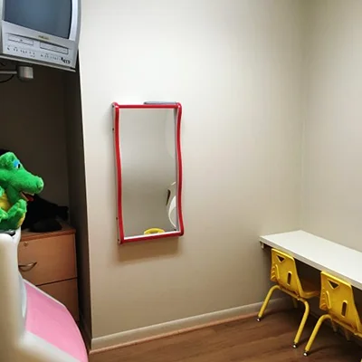 A kids corner with toys, a television, and a mirror in the waiting room